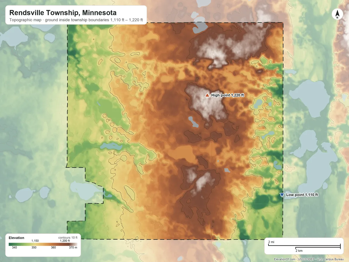 Topographic elevation map of Rendsville Township, Minnesota, shaded from 1,110 ft on the southeast side to 1,220 ft on the north side