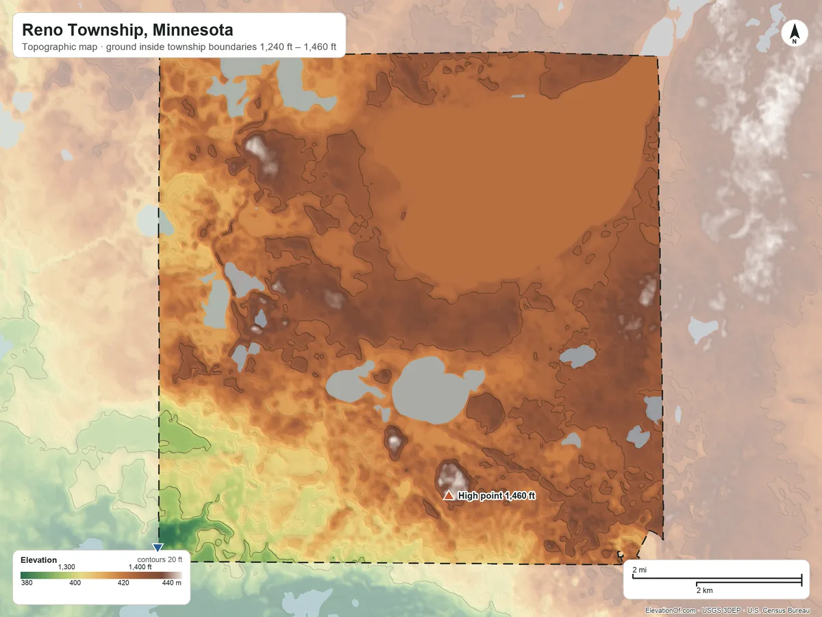 Topographic elevation map of Reno Township, Minnesota, shaded from 1,240 ft on the southwest side to 1,460 ft on the south side