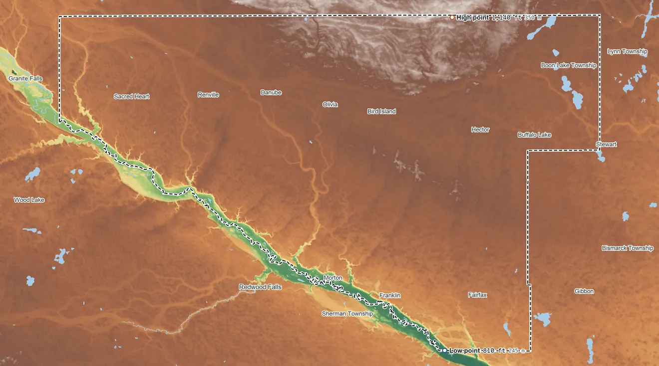 Topographic elevation map of Renville County, Minnesota, shaded from 810 ft on the southeast side to 1,140 ft on the northeast side