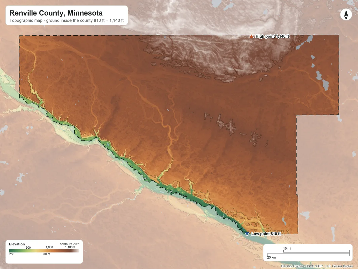 Topographic elevation map of Renville County, Minnesota, shaded from 810 ft on the southeast side to 1,140 ft on the northeast side