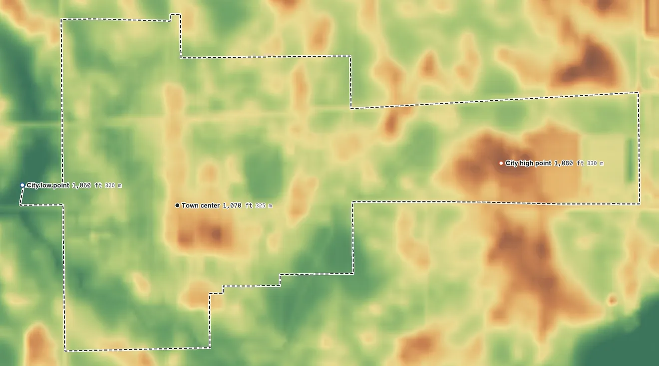 Topographic elevation map of Renville, Minnesota, shaded from 1,060 ft on the west side to 1,080 ft on the east side