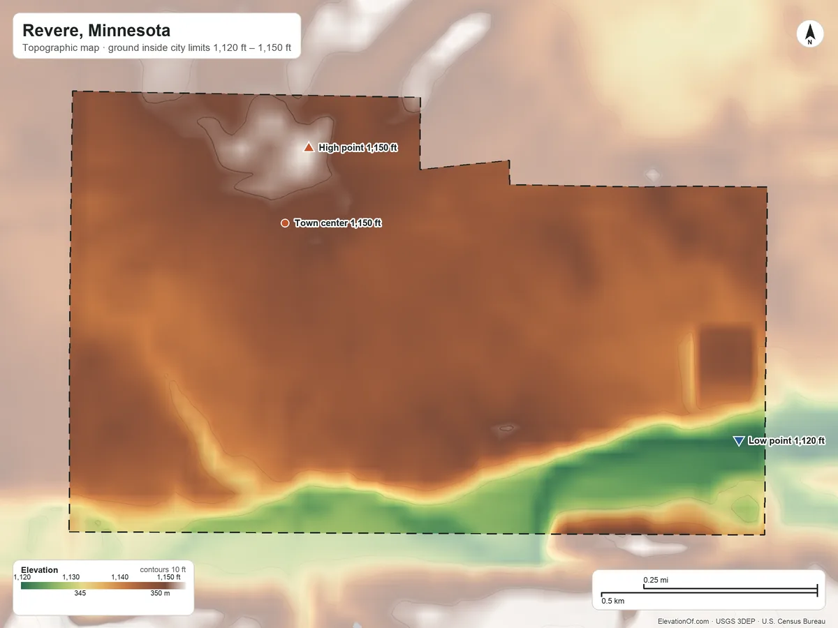 Topographic elevation map of Revere, Minnesota, shaded from 1,120 ft on the southeast side to 1,150 ft near the middle