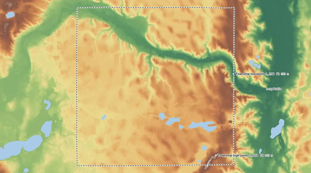 Topographic elevation map of Reynolds Township, Minnesota, shaded from 1,290 ft on the east side to 1,460 ft on the southeast side