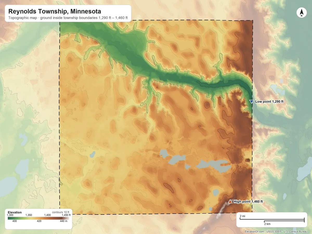 Topographic elevation map of Reynolds Township, Minnesota, shaded from 1,290 ft on the east side to 1,460 ft on the southeast side