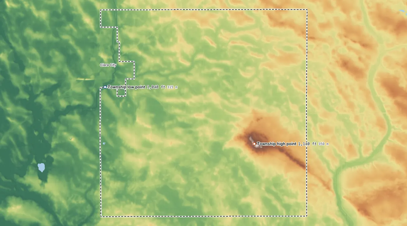 Topographic elevation map of Rheiderland Township, Minnesota, shaded from 1,040 ft on the west side to 1,140 ft on the southeast side