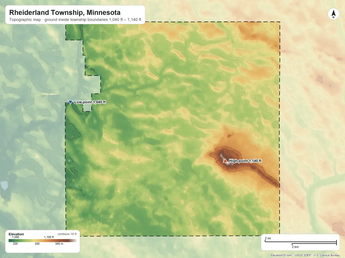 Topographic elevation map of Rheiderland Township, Minnesota, shaded from 1,040 ft on the west side to 1,140 ft on the southeast side