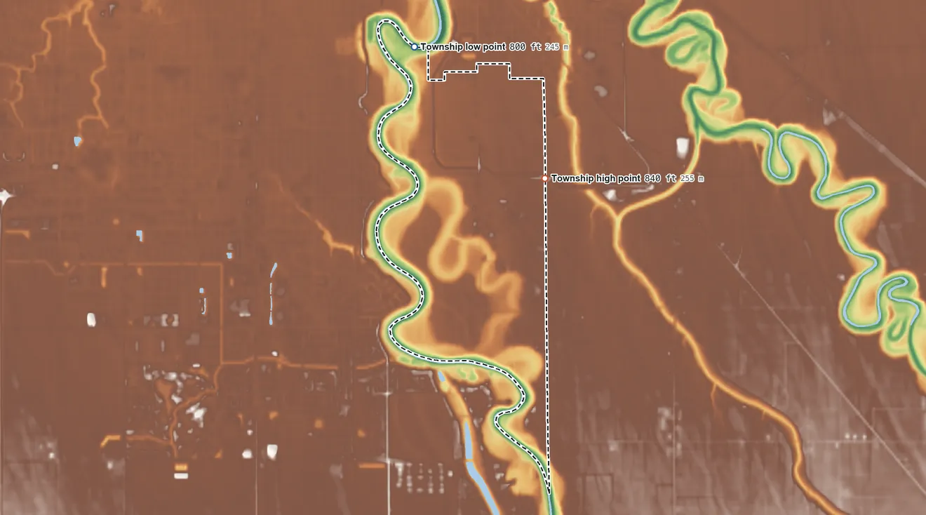 Topographic elevation map of Rhinehart Township, Minnesota, shaded from 800 ft on the northwest side to 840 ft on the northeast side