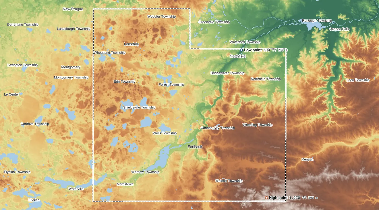 Topographic elevation map of Rice County, Minnesota, shaded from 890 ft on the northeast side to 1,270 ft on the southeast side