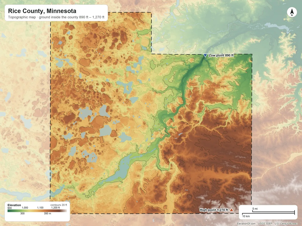 Topographic elevation map of Rice County, Minnesota, shaded from 890 ft on the northeast side to 1,270 ft on the southeast side