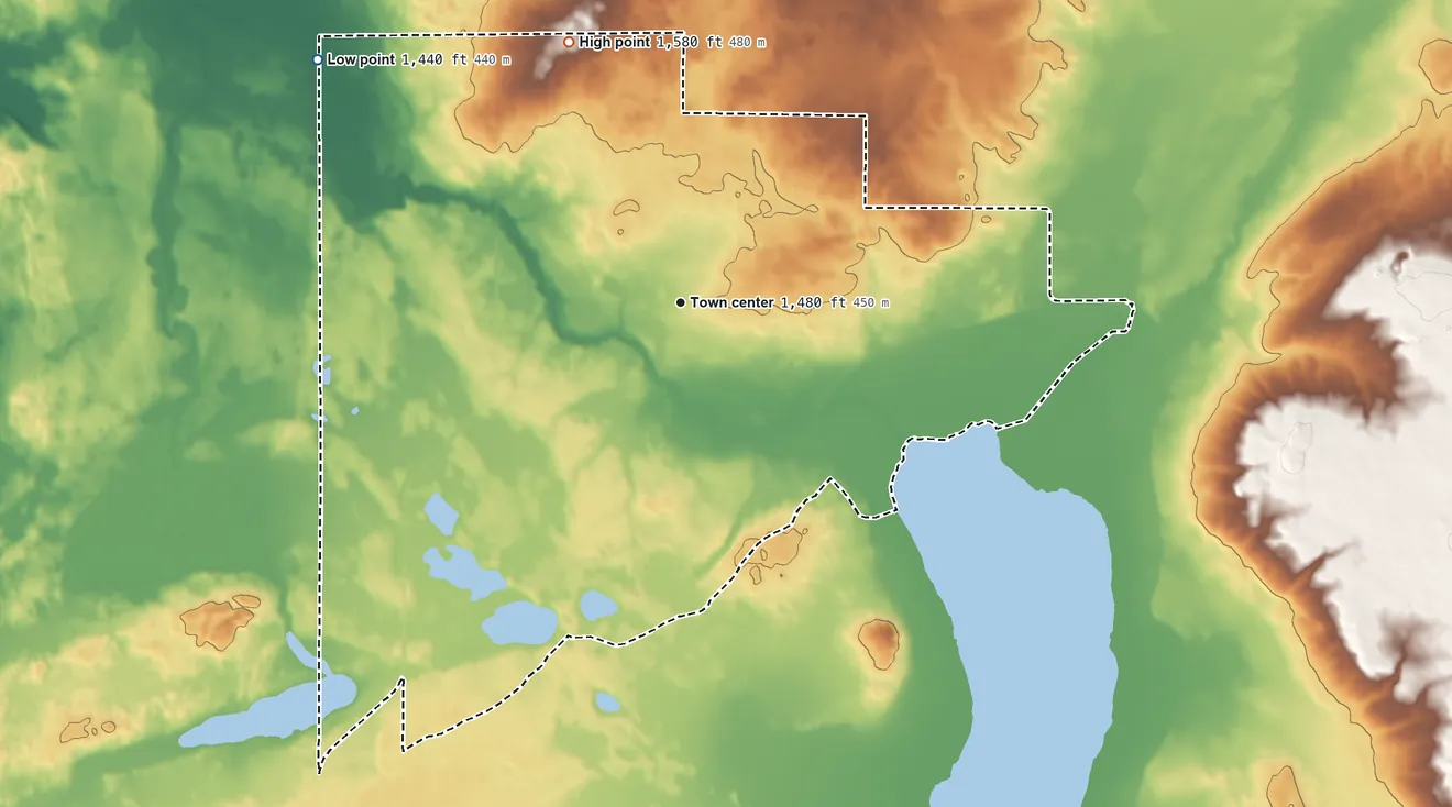 Topographic elevation map of Rice Lake, Clearwater County, Minnesota, shaded from 1,440 ft on the northwest side to 1,580 ft on the northwest side