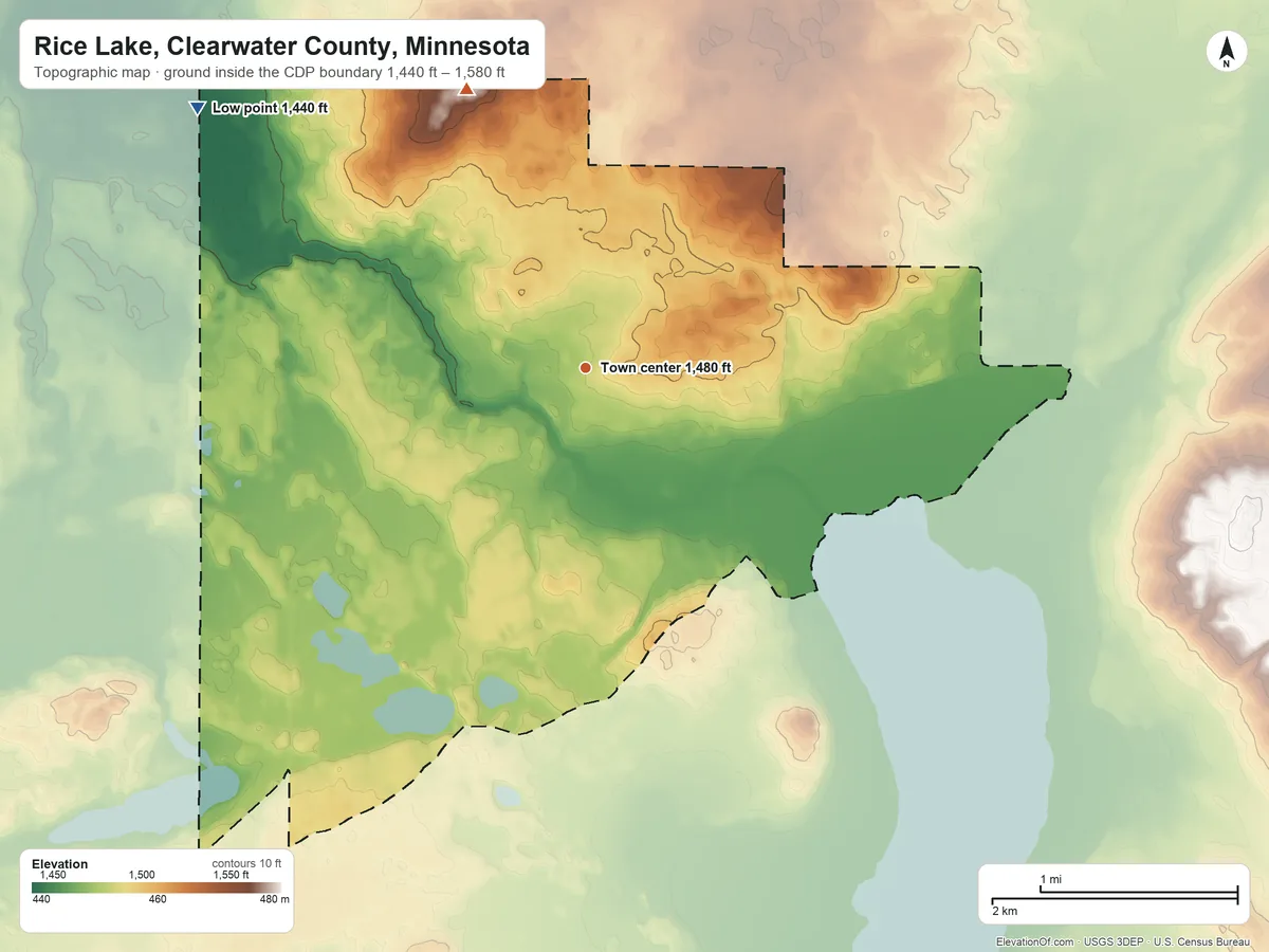 Topographic elevation map of Rice Lake, Clearwater County, Minnesota, shaded from 1,440 ft on the northwest side to 1,580 ft on the northwest side