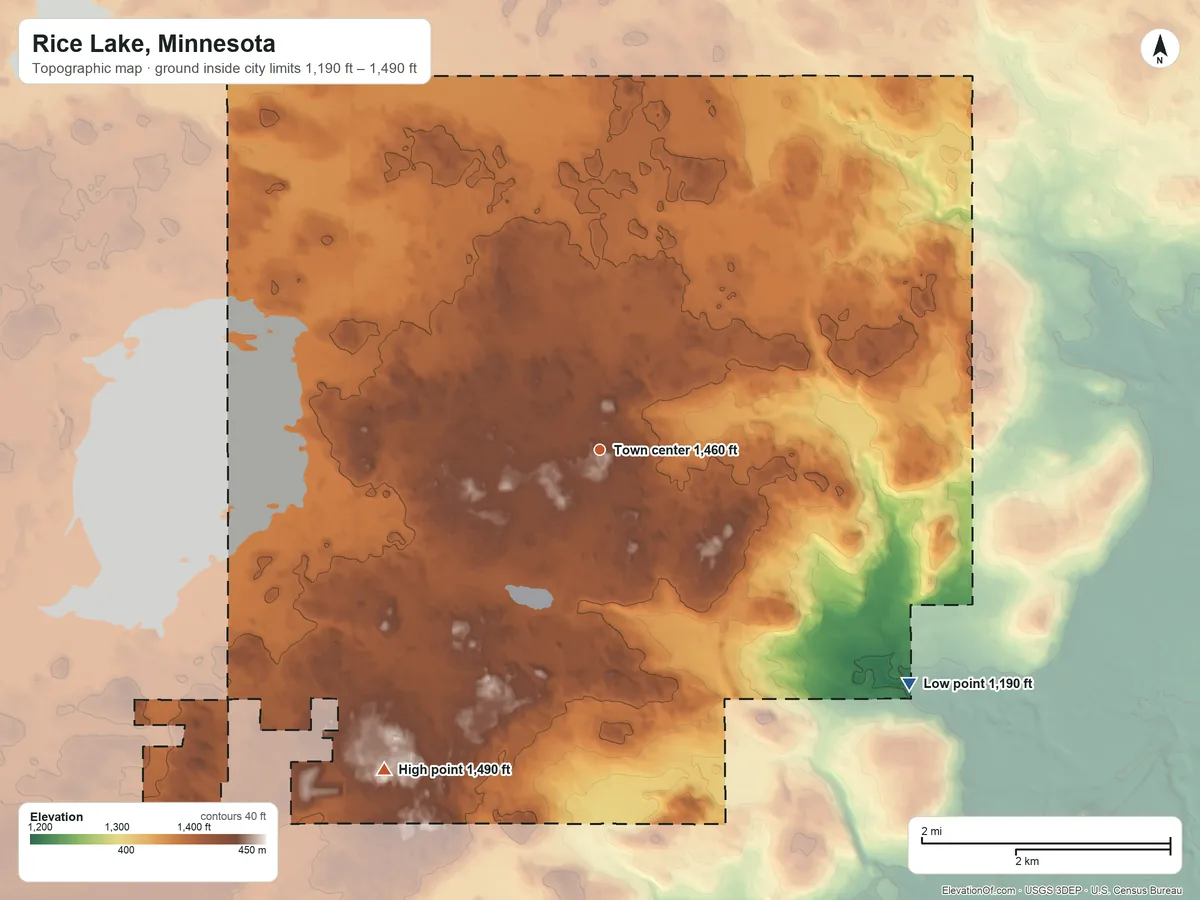 Topographic elevation map of Rice Lake, Minnesota, shaded from 1,190 ft on the southeast side to 1,490 ft on the southwest side