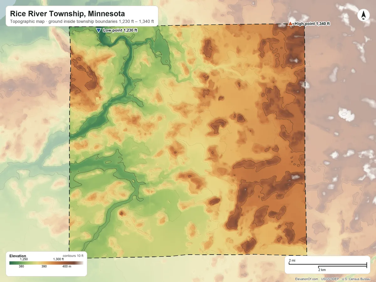 Topographic elevation map of Rice River Township, Minnesota, shaded from 1,230 ft on the northwest side to 1,340 ft on the northeast side