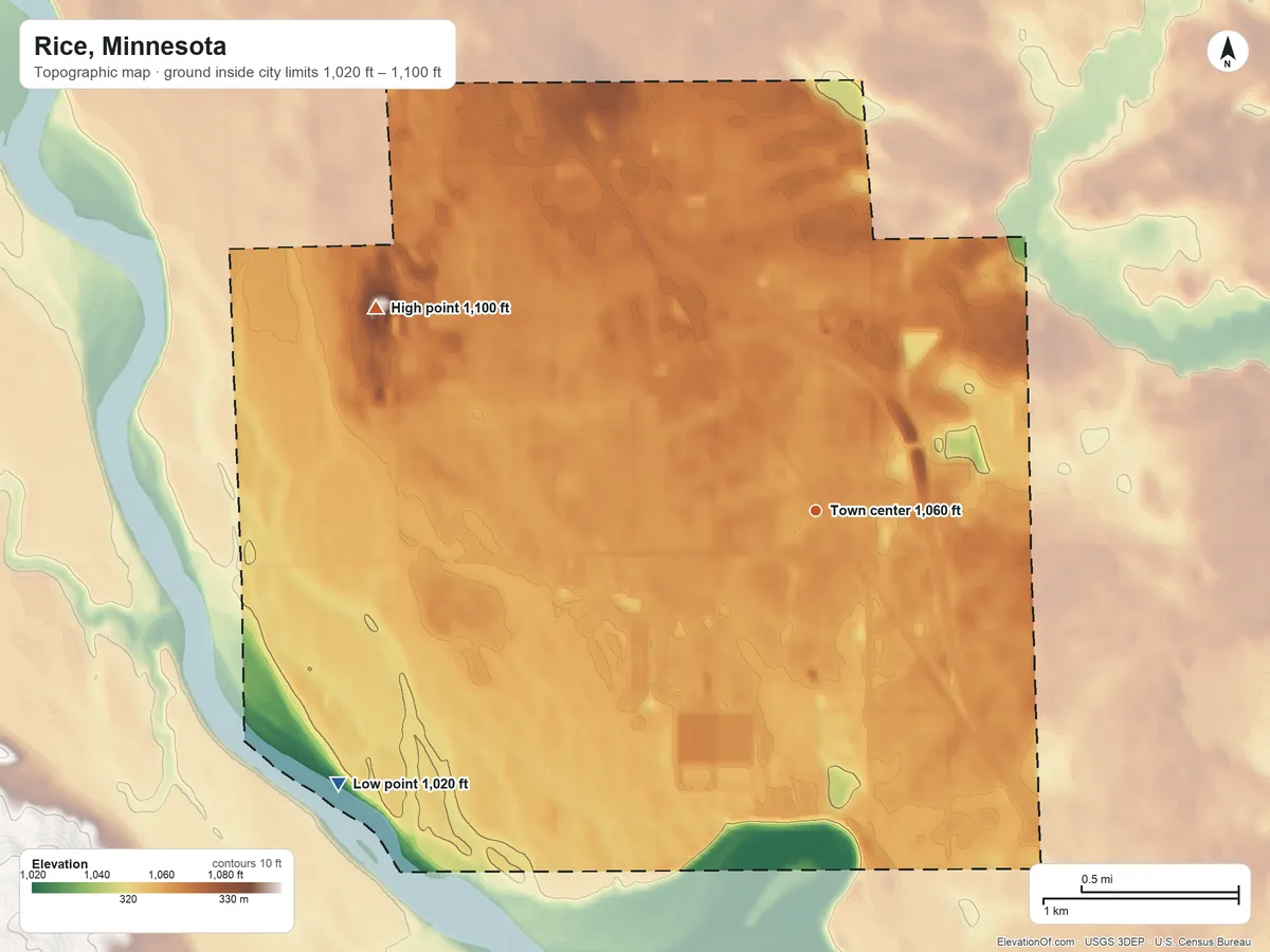 Topographic elevation map of Rice, Minnesota, shaded from 1,020 ft on the southwest side to 1,100 ft on the northwest side