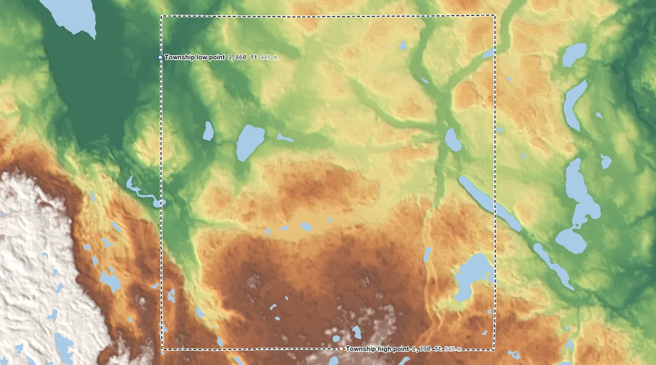 Topographic elevation map of Rice Township, Minnesota, shaded from 1,460 ft on the northwest side to 1,790 ft on the south side