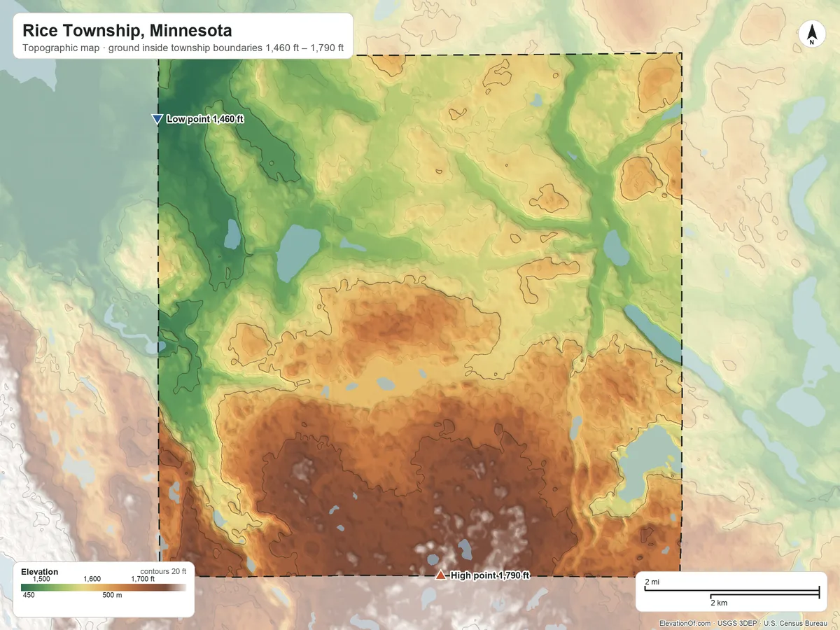 Topographic elevation map of Rice Township, Minnesota, shaded from 1,460 ft on the northwest side to 1,790 ft on the south side