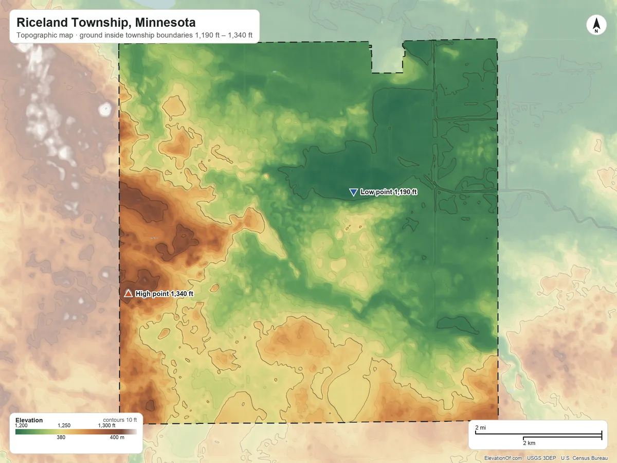 Topographic elevation map of Riceland Township, Minnesota, shaded from 1,190 ft on the northeast side to 1,340 ft on the west side