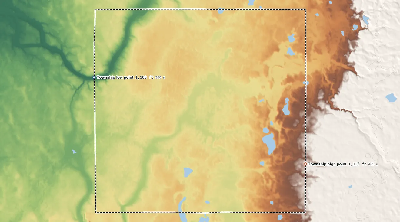 Topographic elevation map of Riceville Township, Minnesota, shaded from 1,180 ft on the northwest side to 1,330 ft on the east side