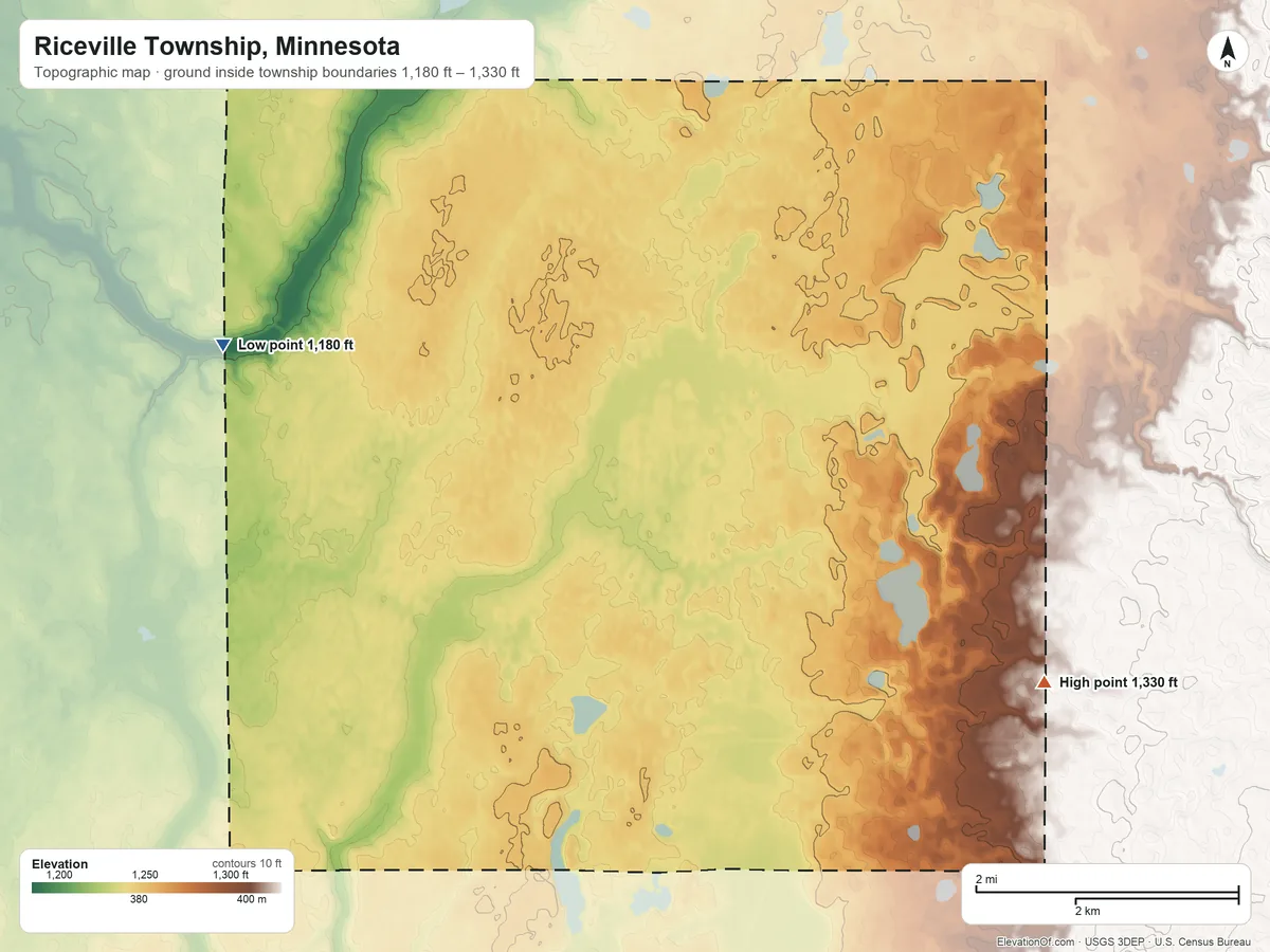 Topographic elevation map of Riceville Township, Minnesota, shaded from 1,180 ft on the northwest side to 1,330 ft on the east side