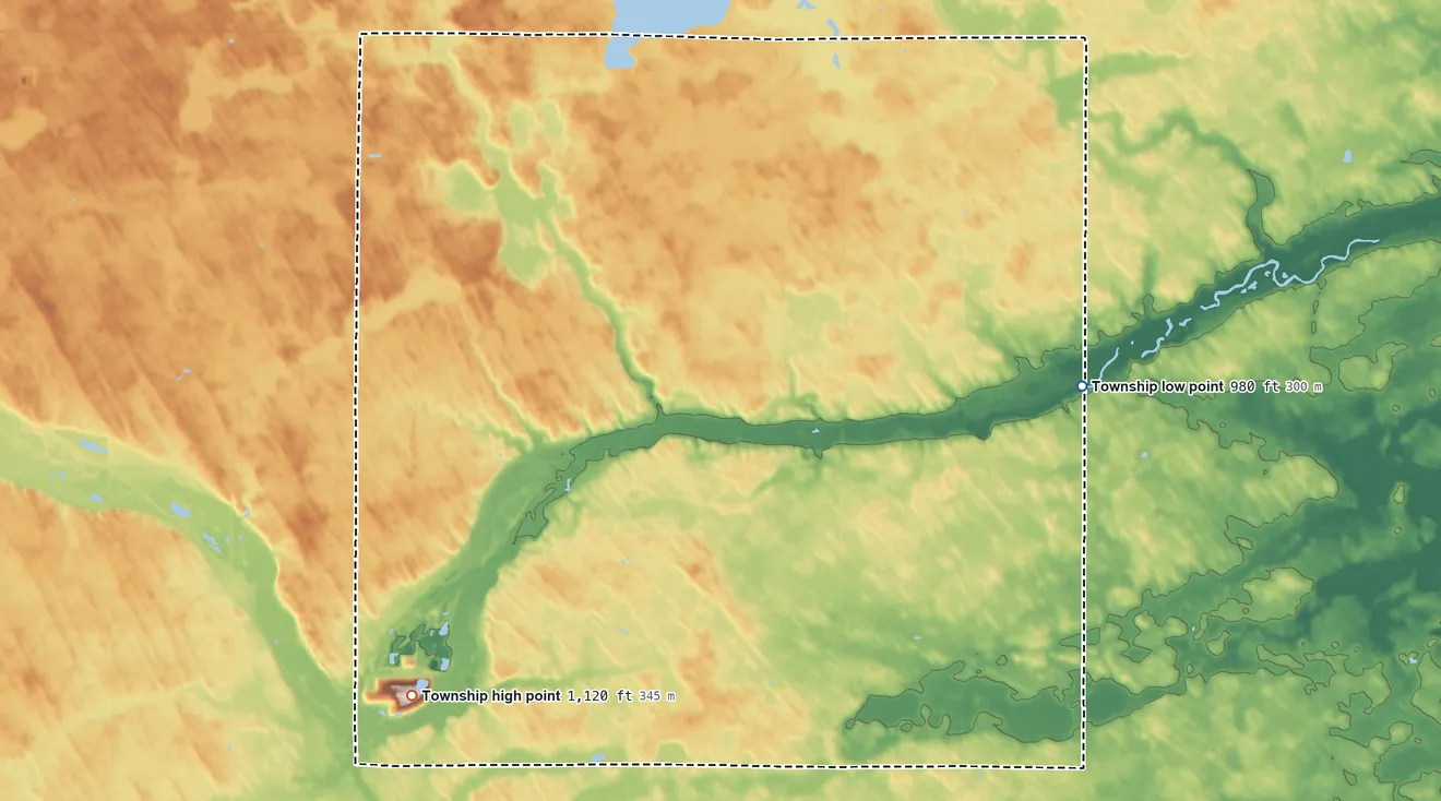 Topographic elevation map of Rich Valley Township, Minnesota, shaded from 980 ft on the east side to 1,120 ft on the southwest side