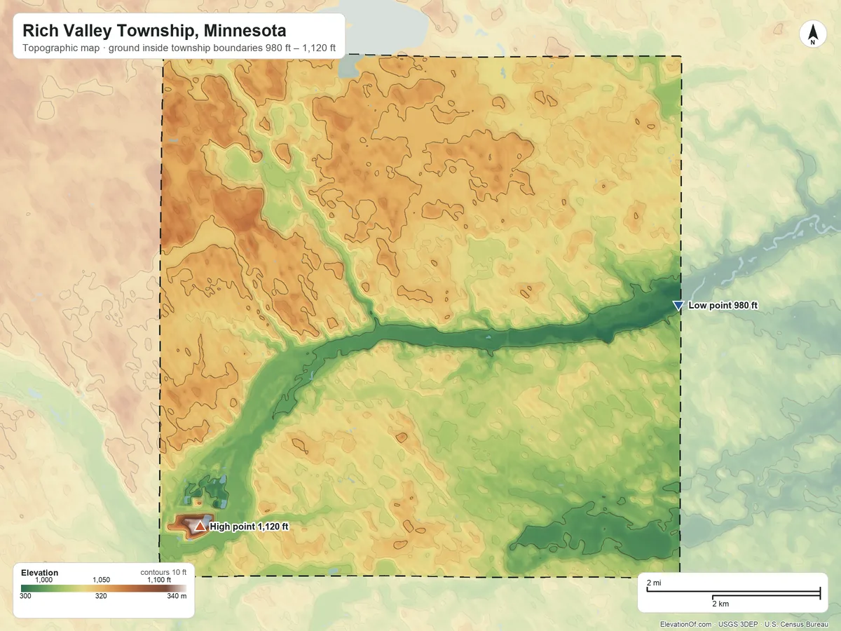 Topographic elevation map of Rich Valley Township, Minnesota, shaded from 980 ft on the east side to 1,120 ft on the southwest side