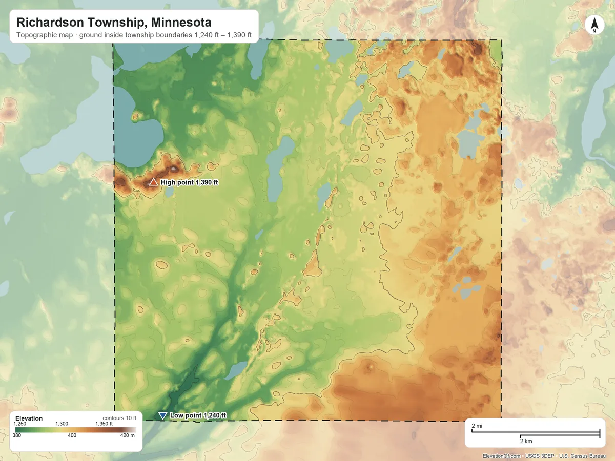 Topographic elevation map of Richardson Township, Minnesota, shaded from 1,240 ft on the south side to 1,390 ft on the west side