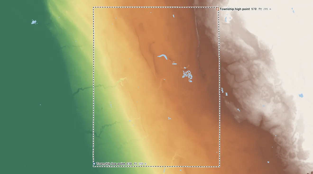 Topographic elevation map of Richardville Township, Minnesota, shaded from 830 ft on the southwest side to 970 ft on the northeast side