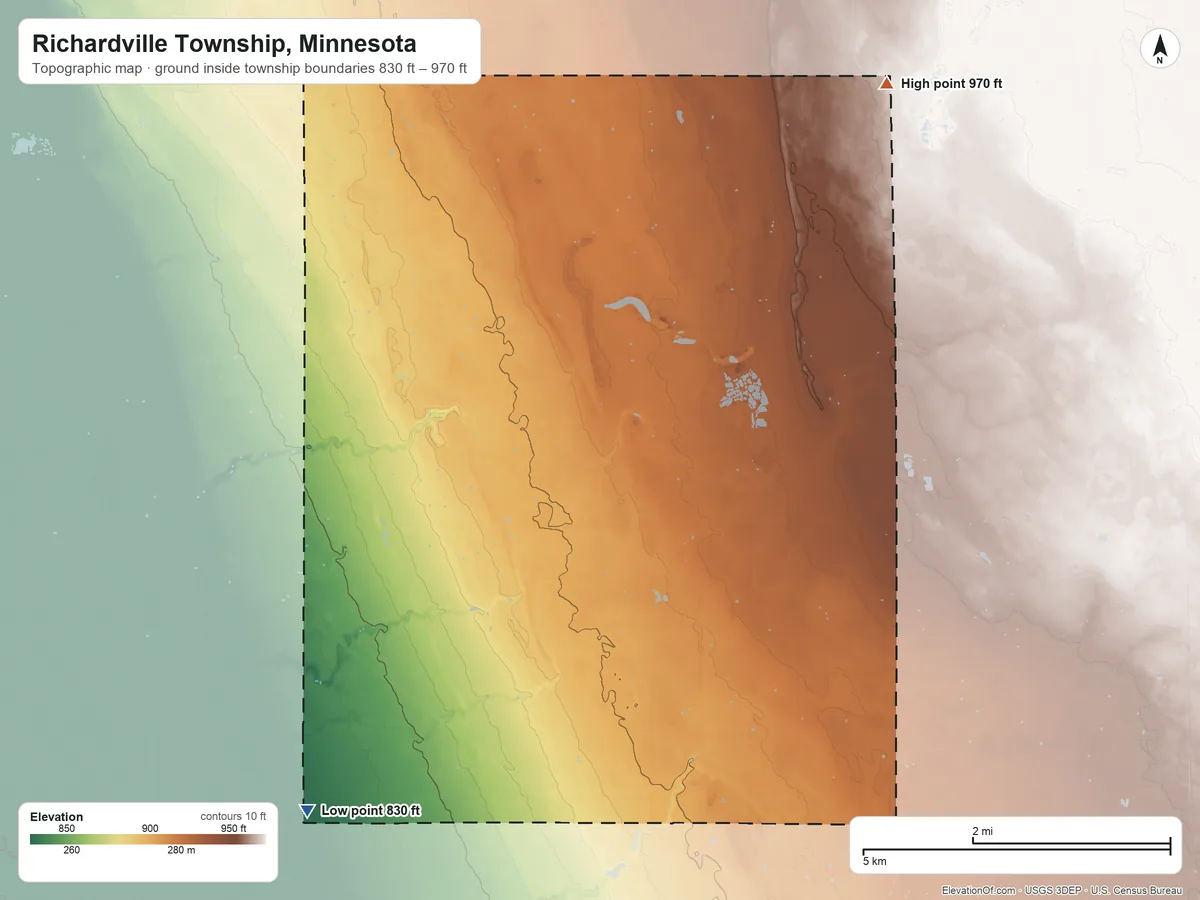 Topographic elevation map of Richardville Township, Minnesota, shaded from 830 ft on the southwest side to 970 ft on the northeast side