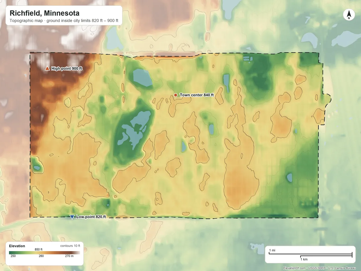 Topographic elevation map of Richfield, Minnesota, shaded from 820 ft on the southwest side to 900 ft on the west side