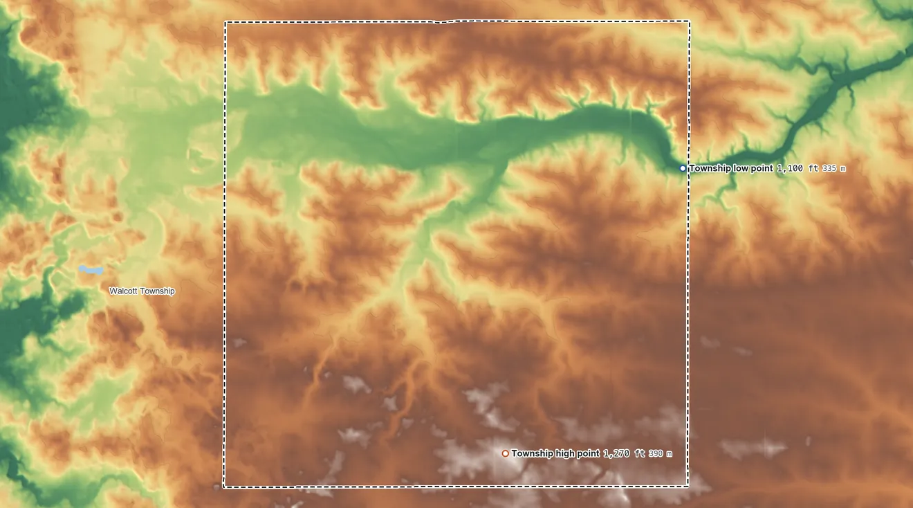 Topographic elevation map of Richland Township, Minnesota, shaded from 1,100 ft on the east side to 1,270 ft on the south side