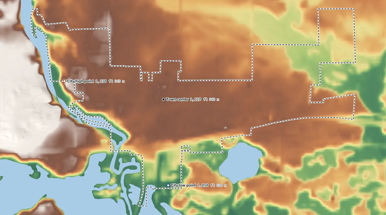 Topographic elevation map of Richmond, Minnesota, shaded from 1,090 ft on the south side to 1,130 ft on the west side