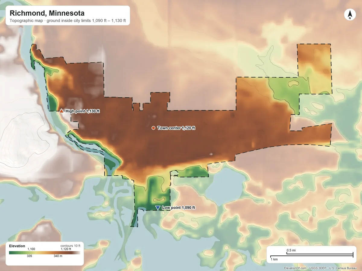 Topographic elevation map of Richmond, Minnesota, shaded from 1,090 ft on the south side to 1,130 ft on the west side
