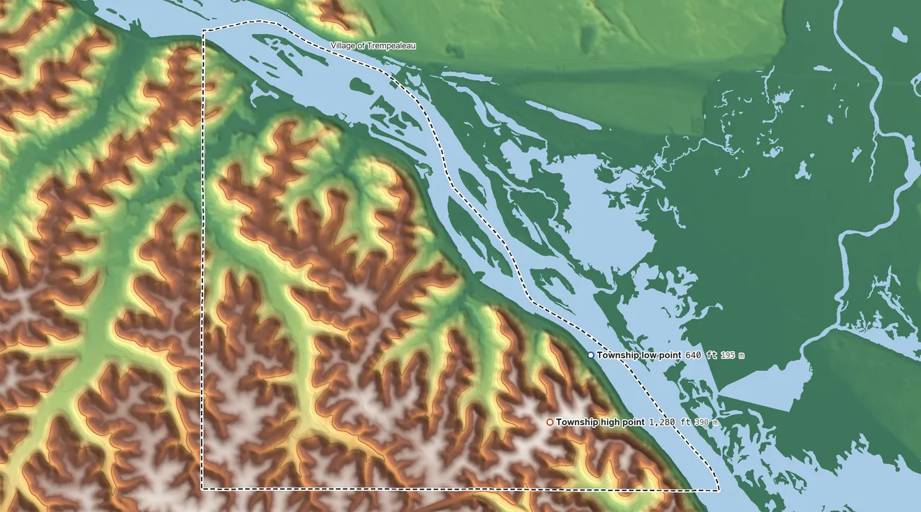 Topographic elevation map of Richmond Township, Minnesota, shaded from 640 ft on the east side to 1,280 ft on the southeast side
