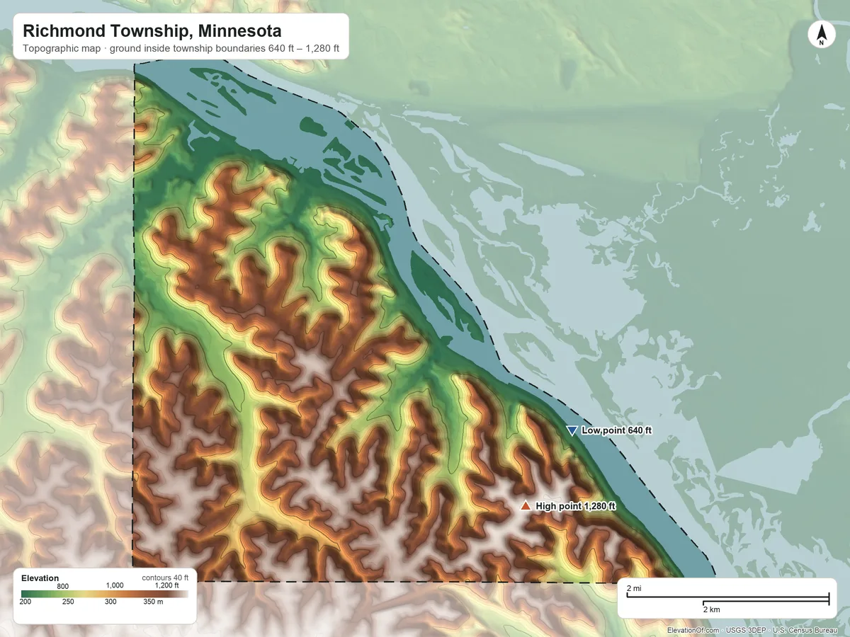 Topographic elevation map of Richmond Township, Minnesota, shaded from 640 ft on the east side to 1,280 ft on the southeast side