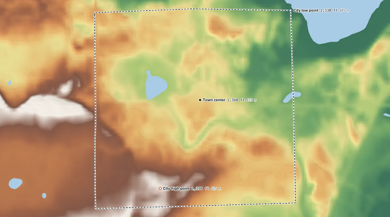 Topographic elevation map of Richville, Minnesota, shaded from 1,330 ft on the northeast side to 1,390 ft on the southwest side