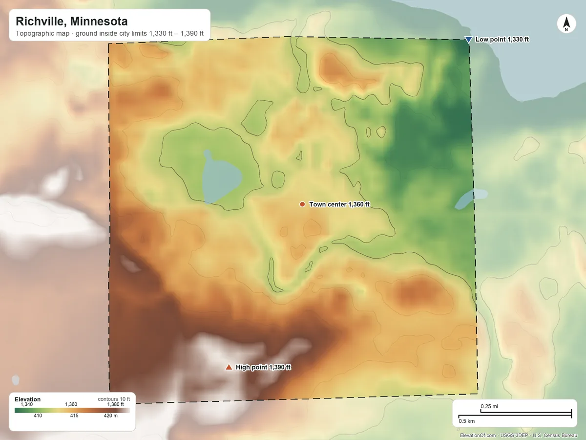 Topographic elevation map of Richville, Minnesota, shaded from 1,330 ft on the northeast side to 1,390 ft on the southwest side