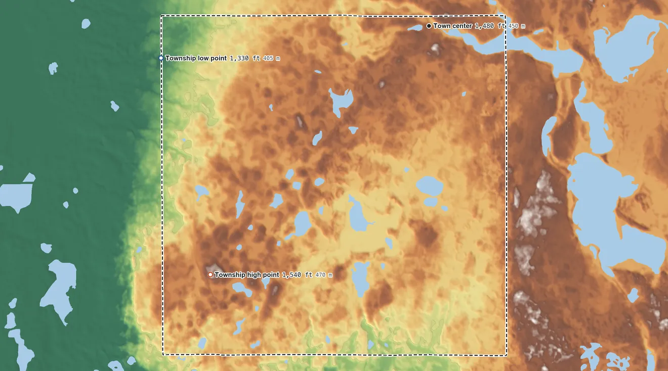 Topographic elevation map of Richwood Township, Minnesota, shaded from 1,330 ft on the west side to 1,540 ft on the southwest side