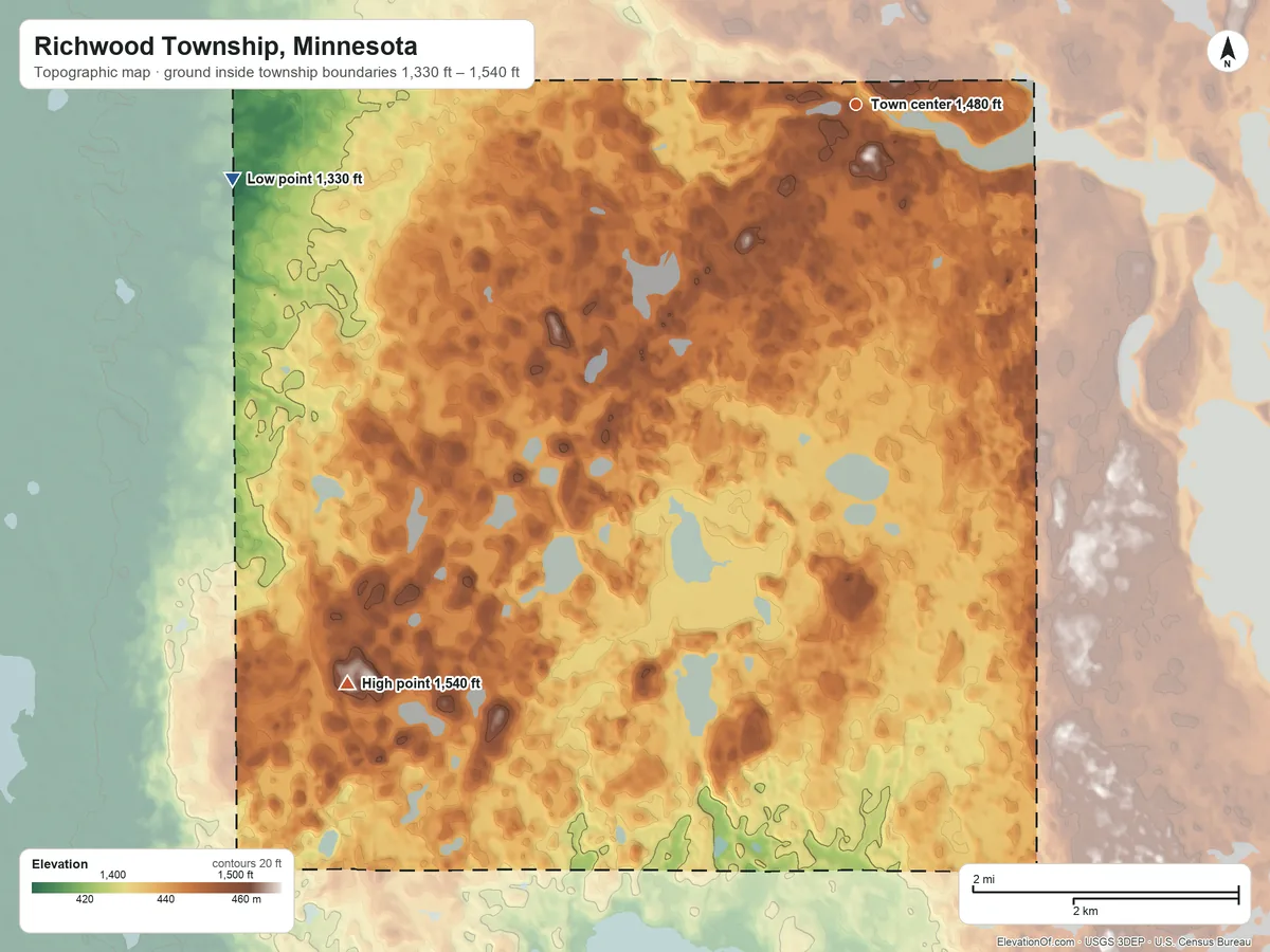 Topographic elevation map of Richwood Township, Minnesota, shaded from 1,330 ft on the west side to 1,540 ft on the southwest side