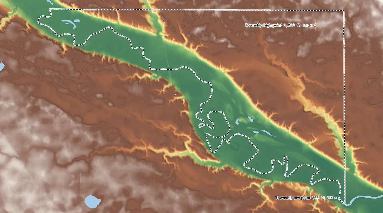 Topographic elevation map of Ridgely Township, Minnesota, shaded from 800 ft on the southeast side to 1,030 ft on the northeast side
