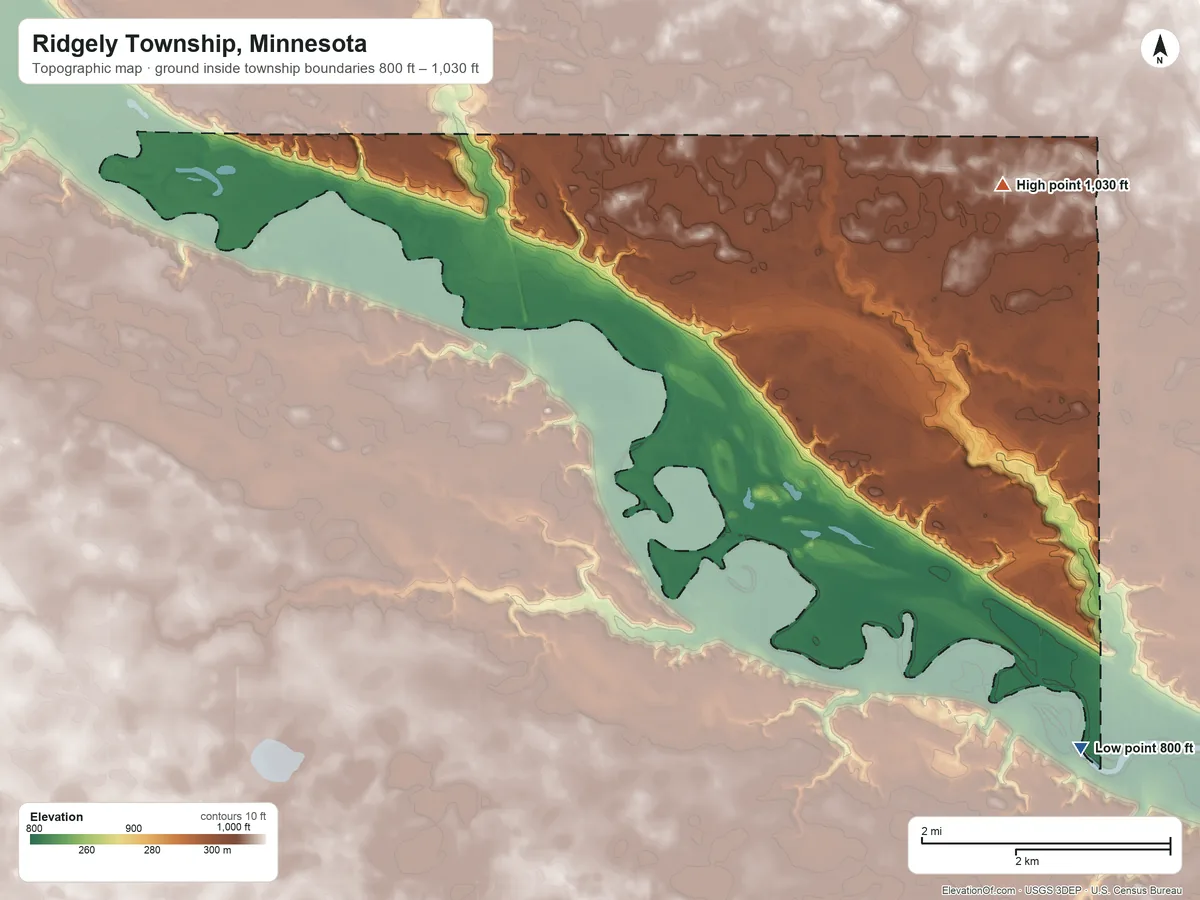 Topographic elevation map of Ridgely Township, Minnesota, shaded from 800 ft on the southeast side to 1,030 ft on the northeast side