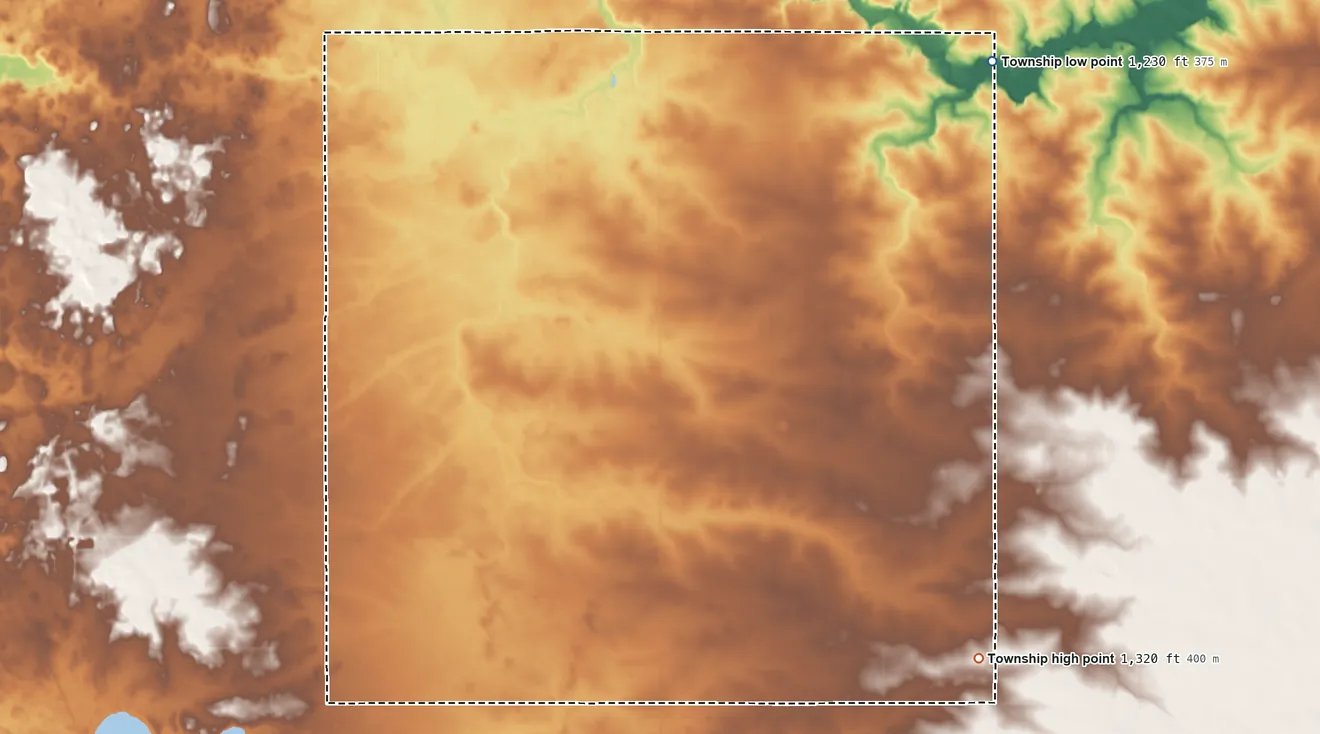 Topographic elevation map of Ripley Township, Dodge County, Minnesota, shaded from 1,230 ft on the northeast side to 1,320 ft on the southeast side