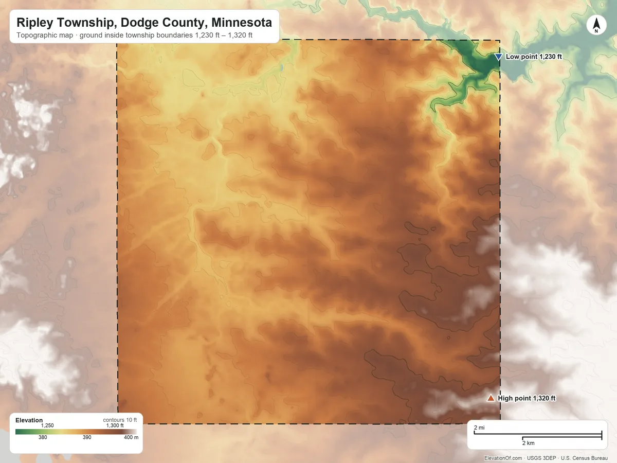 Topographic elevation map of Ripley Township, Dodge County, Minnesota, shaded from 1,230 ft on the northeast side to 1,320 ft on the southeast side