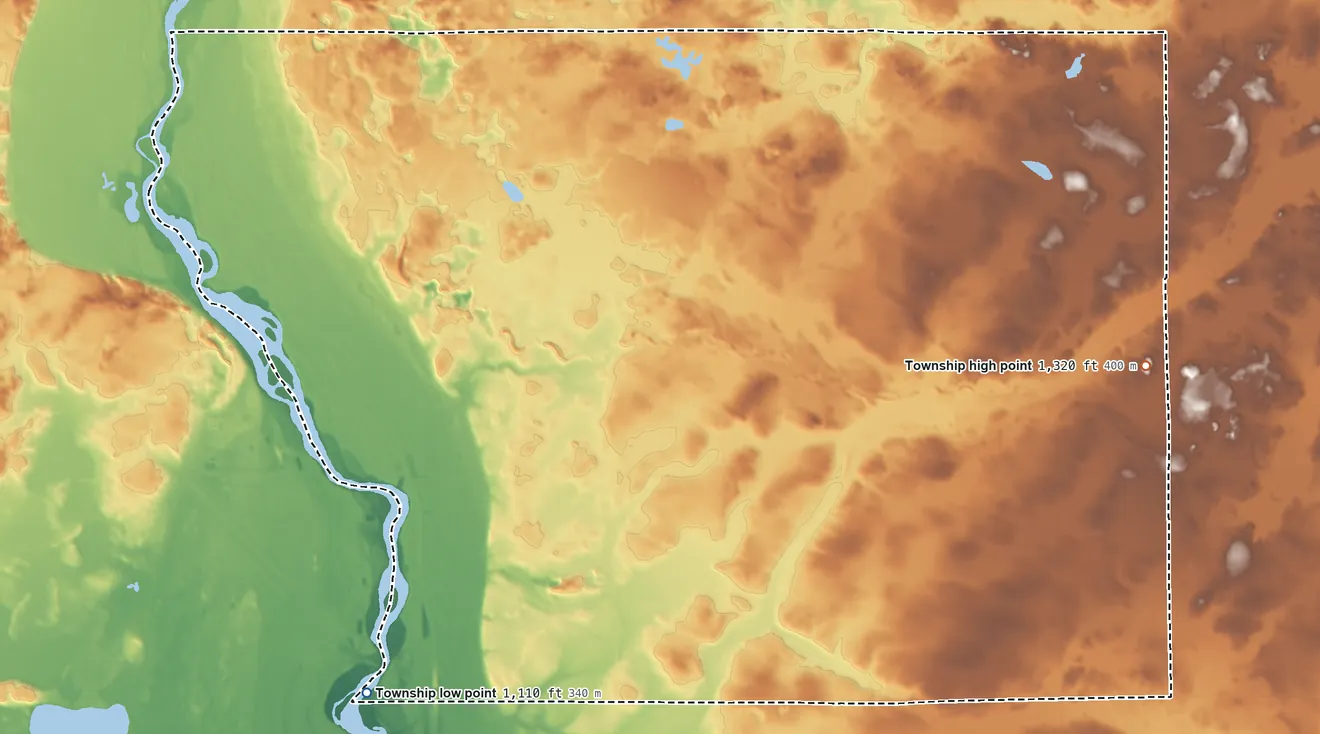 Topographic elevation map of Ripley Township, Minnesota, shaded from 1,110 ft on the southwest side to 1,320 ft on the east side