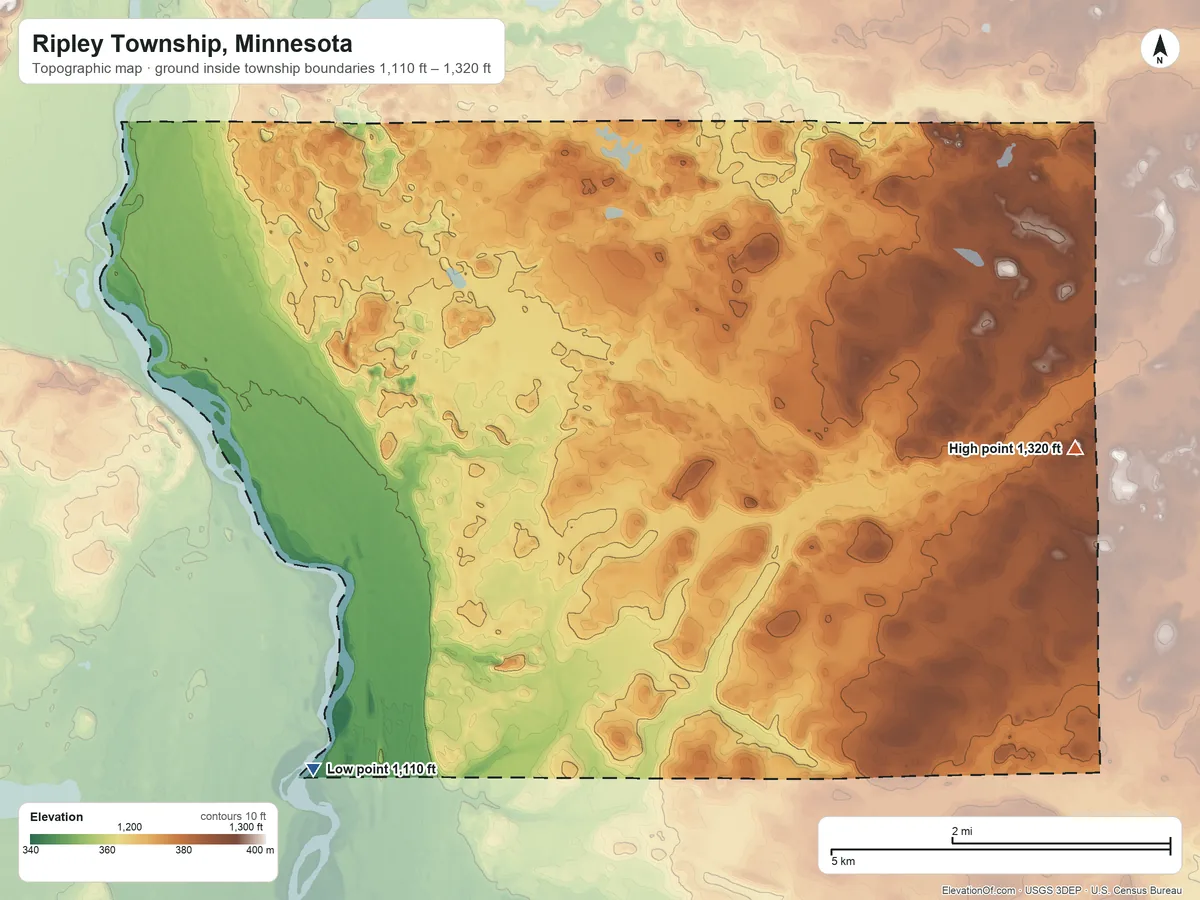 Topographic elevation map of Ripley Township, Minnesota, shaded from 1,110 ft on the southwest side to 1,320 ft on the east side