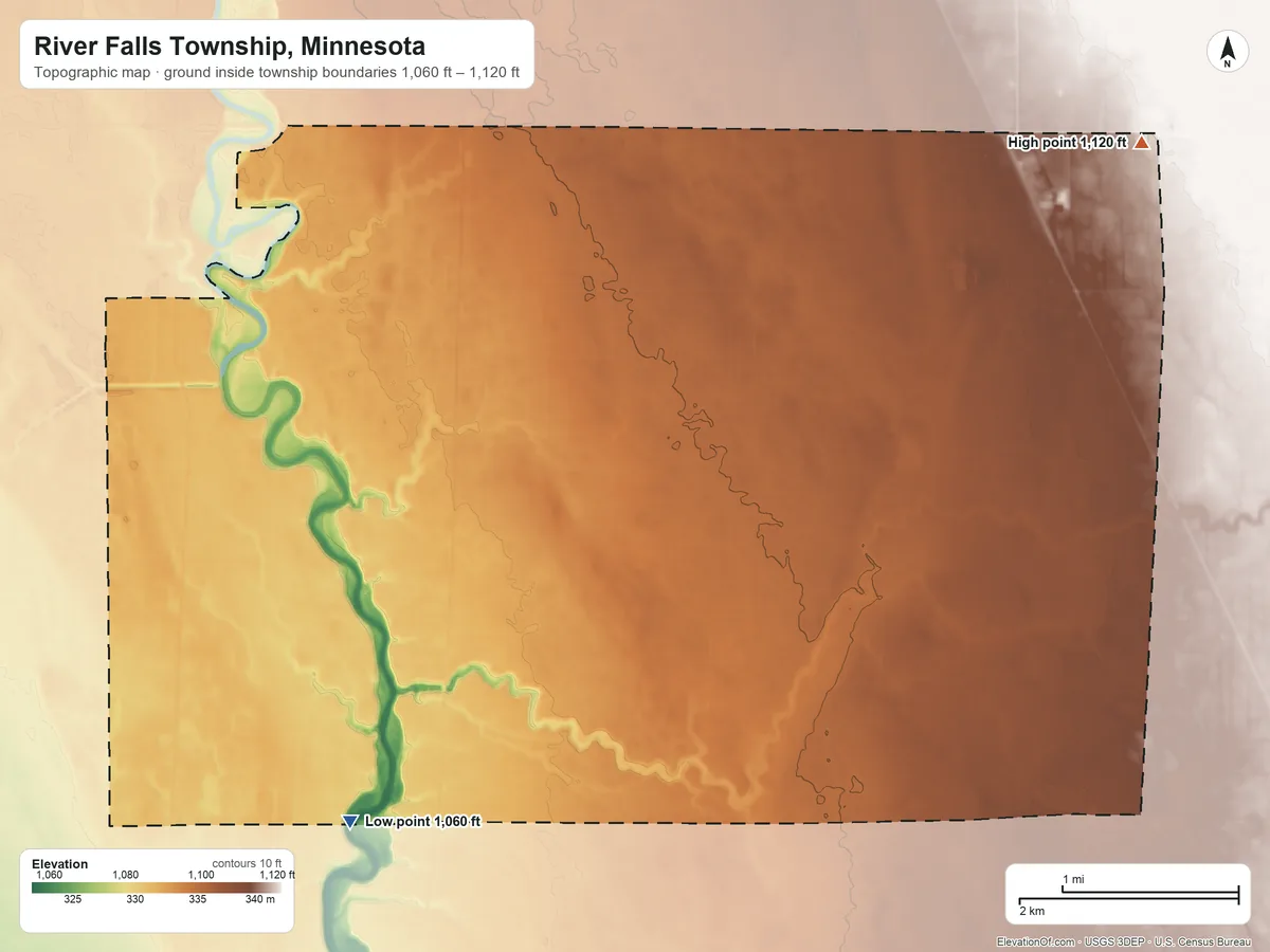 Topographic elevation map of River Falls Township, Minnesota, shaded from 1,060 ft on the southwest side to 1,120 ft on the northeast side