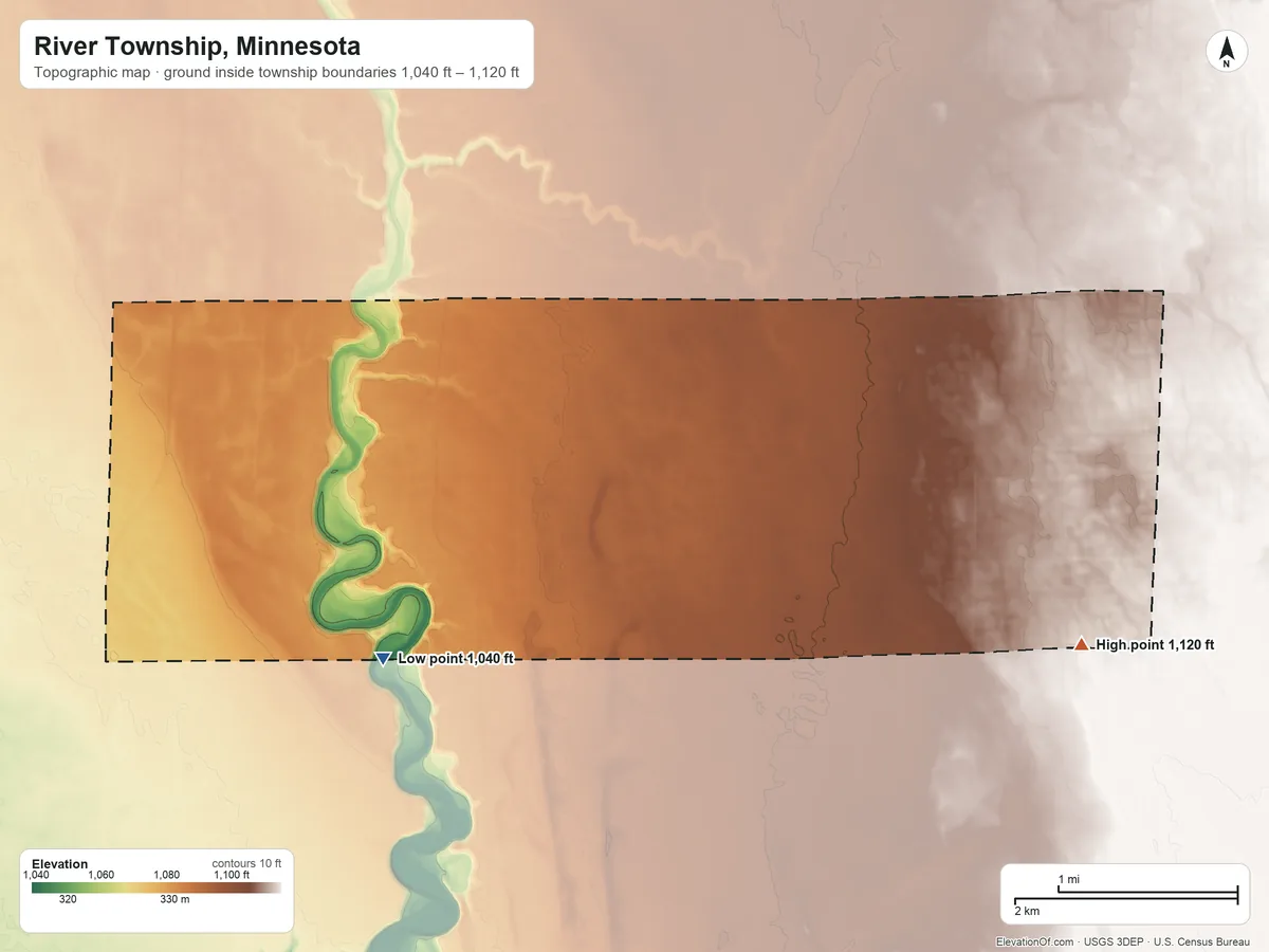 Topographic elevation map of River Township, Minnesota, shaded from 1,040 ft on the southwest side to 1,120 ft on the east side