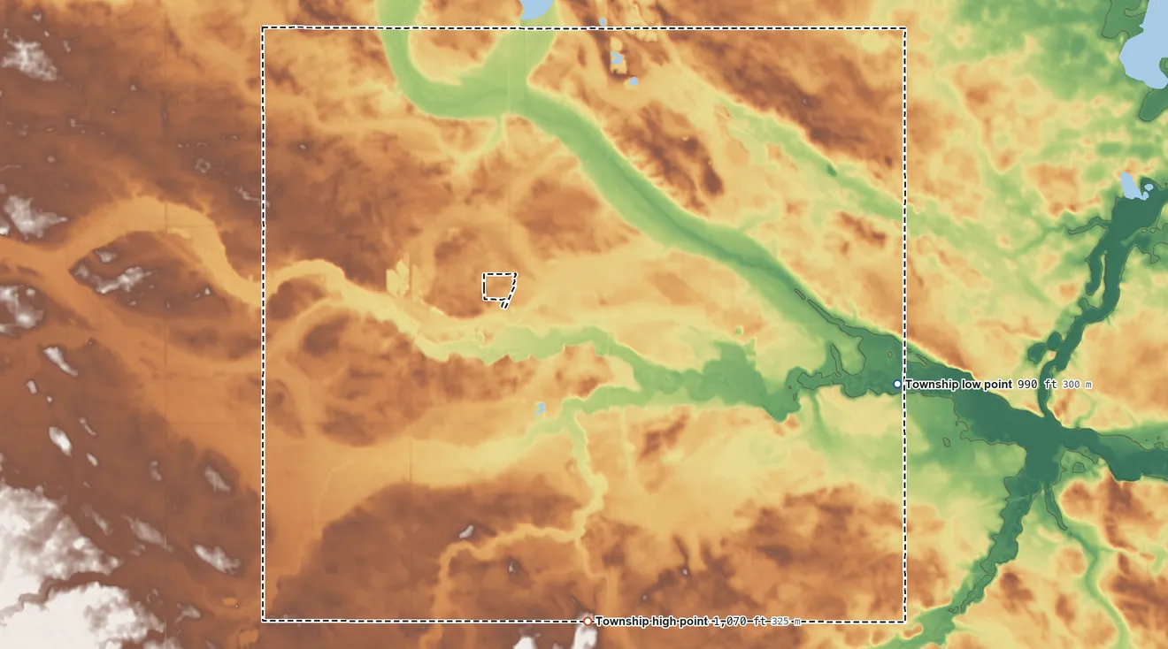 Topographic elevation map of Riverdale Township, Minnesota, shaded from 990 ft on the east side to 1,070 ft on the south side