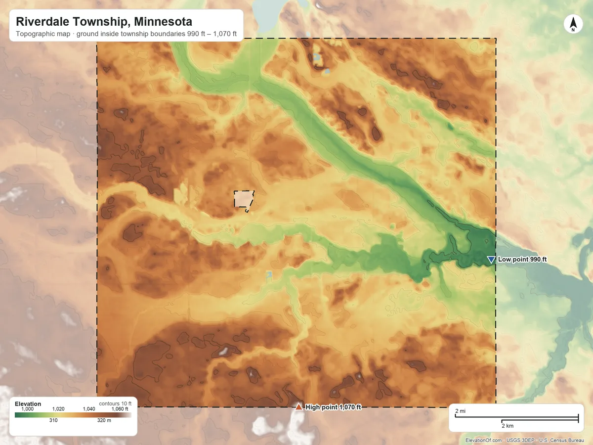 Topographic elevation map of Riverdale Township, Minnesota, shaded from 990 ft on the east side to 1,070 ft on the south side