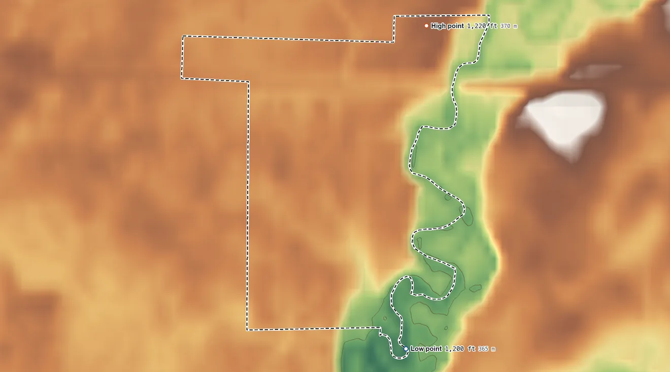 Topographic elevation map of Riverland, Minnesota, shaded from 1,200 ft on the southeast side to 1,220 ft on the northeast side