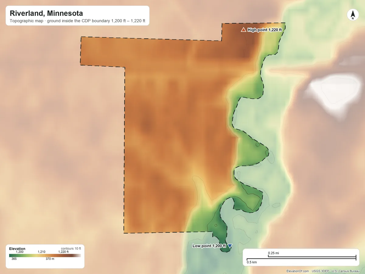 Topographic elevation map of Riverland, Minnesota, shaded from 1,200 ft on the southeast side to 1,220 ft on the northeast side